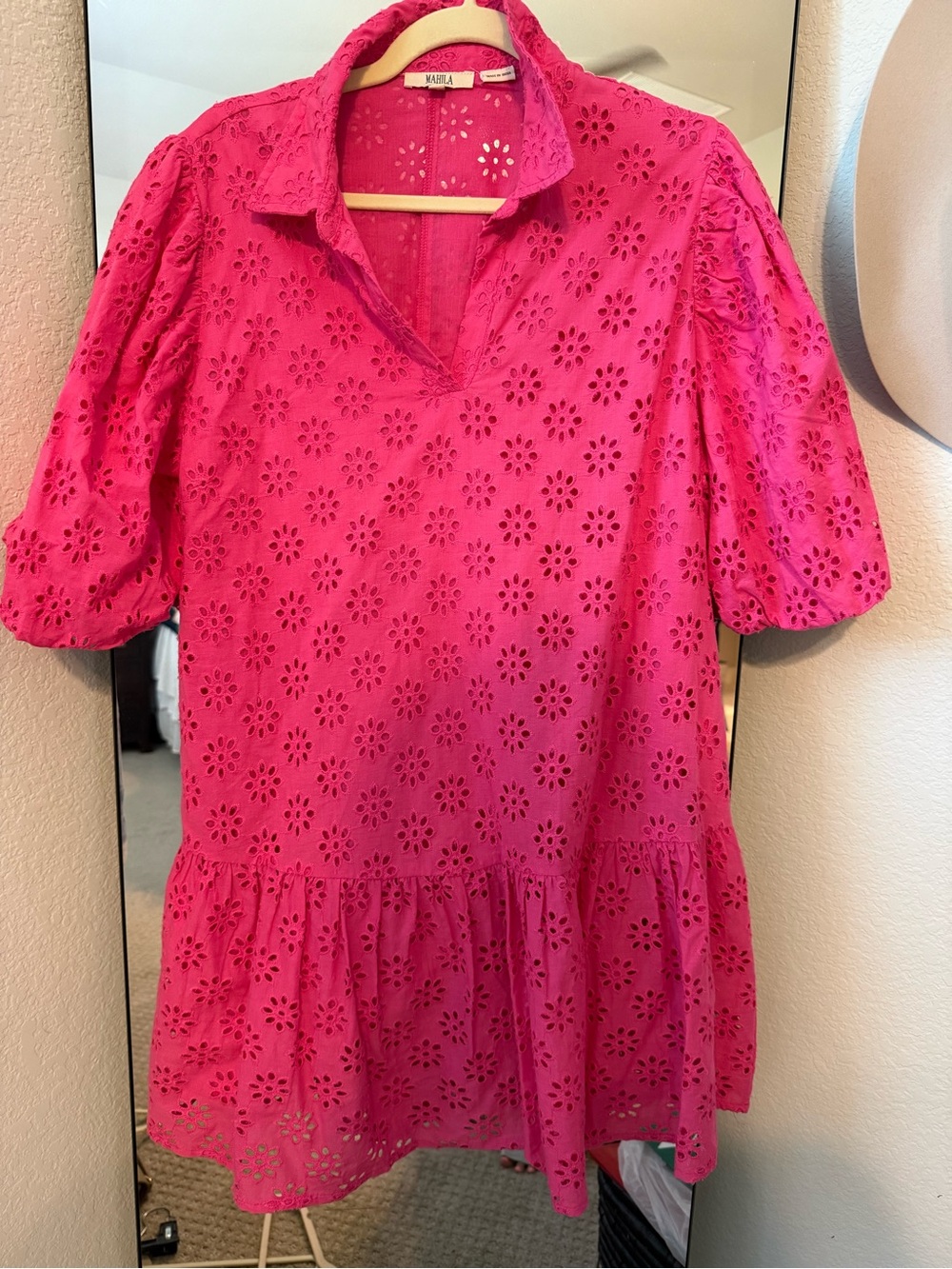 Eyelet Peplum Tunic Dress in Hot Pink -